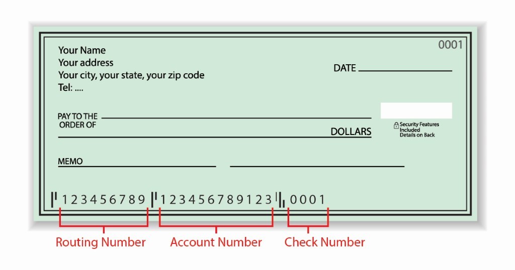 Check with Routing number, Account number, and Check number highlighted on the bottom left (in that order)